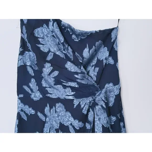 Lulus One Shoulder Floral Jacquard Maxi Dress Medium Navy Blue Wedding Guest - Picture 6 of 12